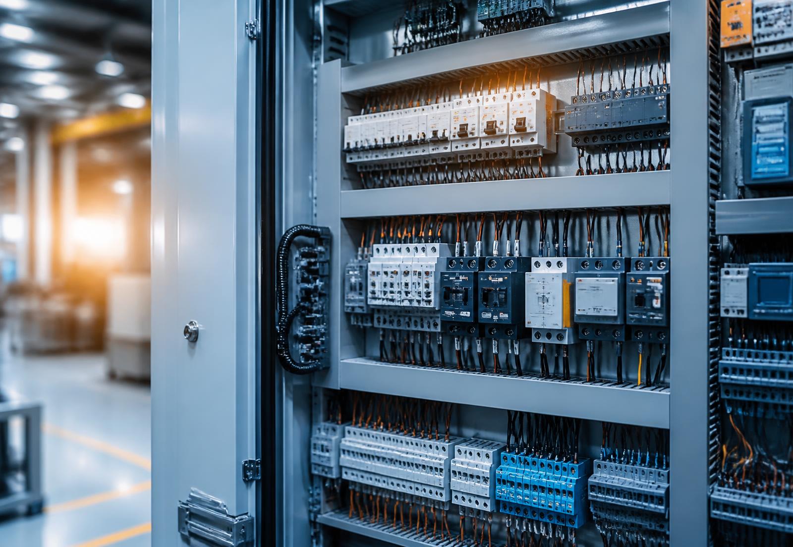 Interior of a manufactured electrical control panel with organised wiring and breakers